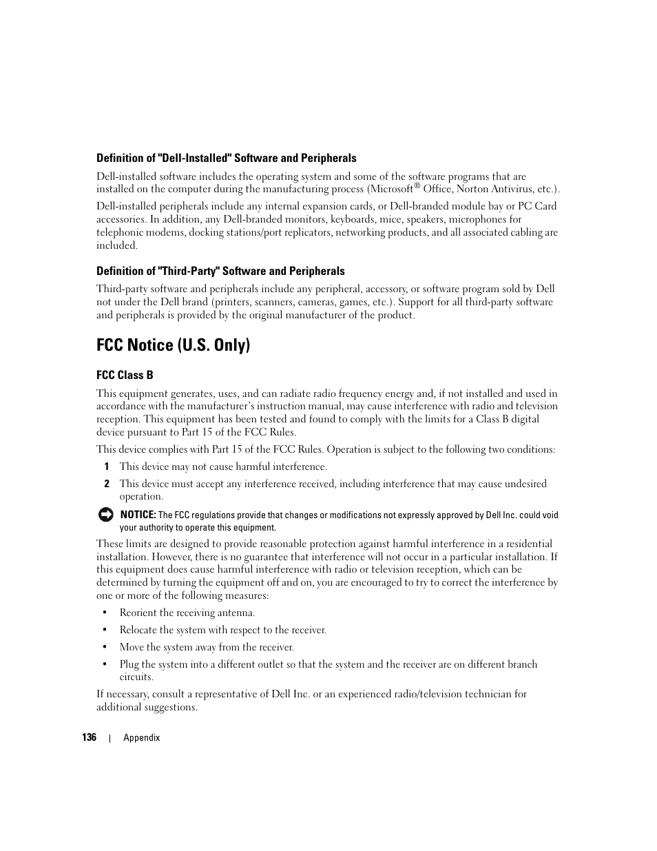 Fcc notice (u.s. only), Fcc class b | Dell XPS 410 (Mid 2007) User Manual | Page 136 / 172