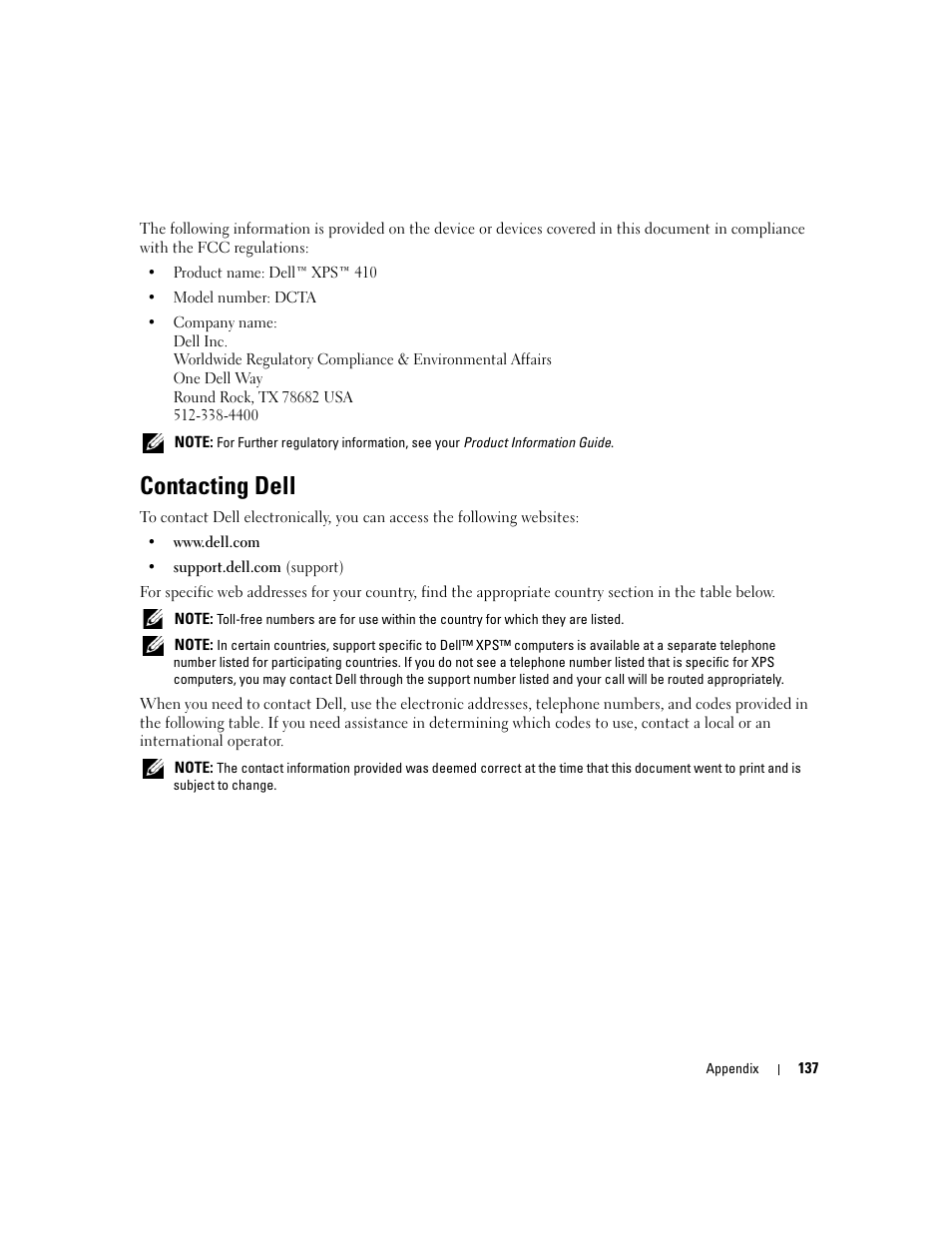 Contacting dell, Contact dell (see "contacting dell" on | Dell XPS 410 (Mid 2007) User Manual | Page 137 / 172