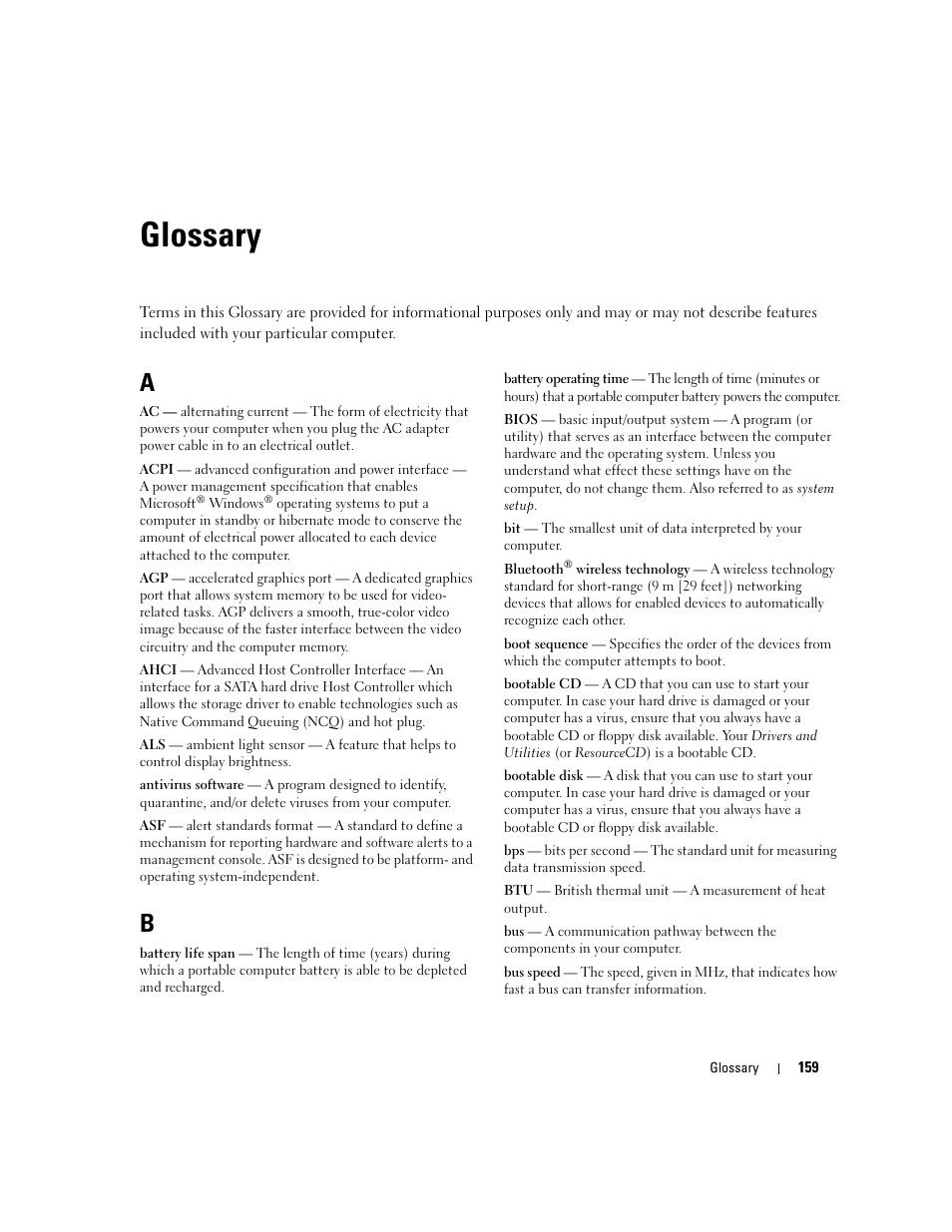 Glossary | Dell XPS 410 (Mid 2007) User Manual | Page 159 / 172