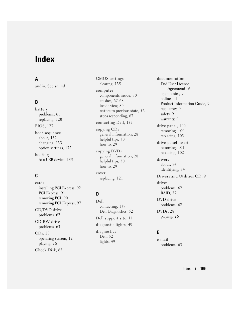 Index | Dell XPS 410 (Mid 2007) User Manual | Page 169 / 172