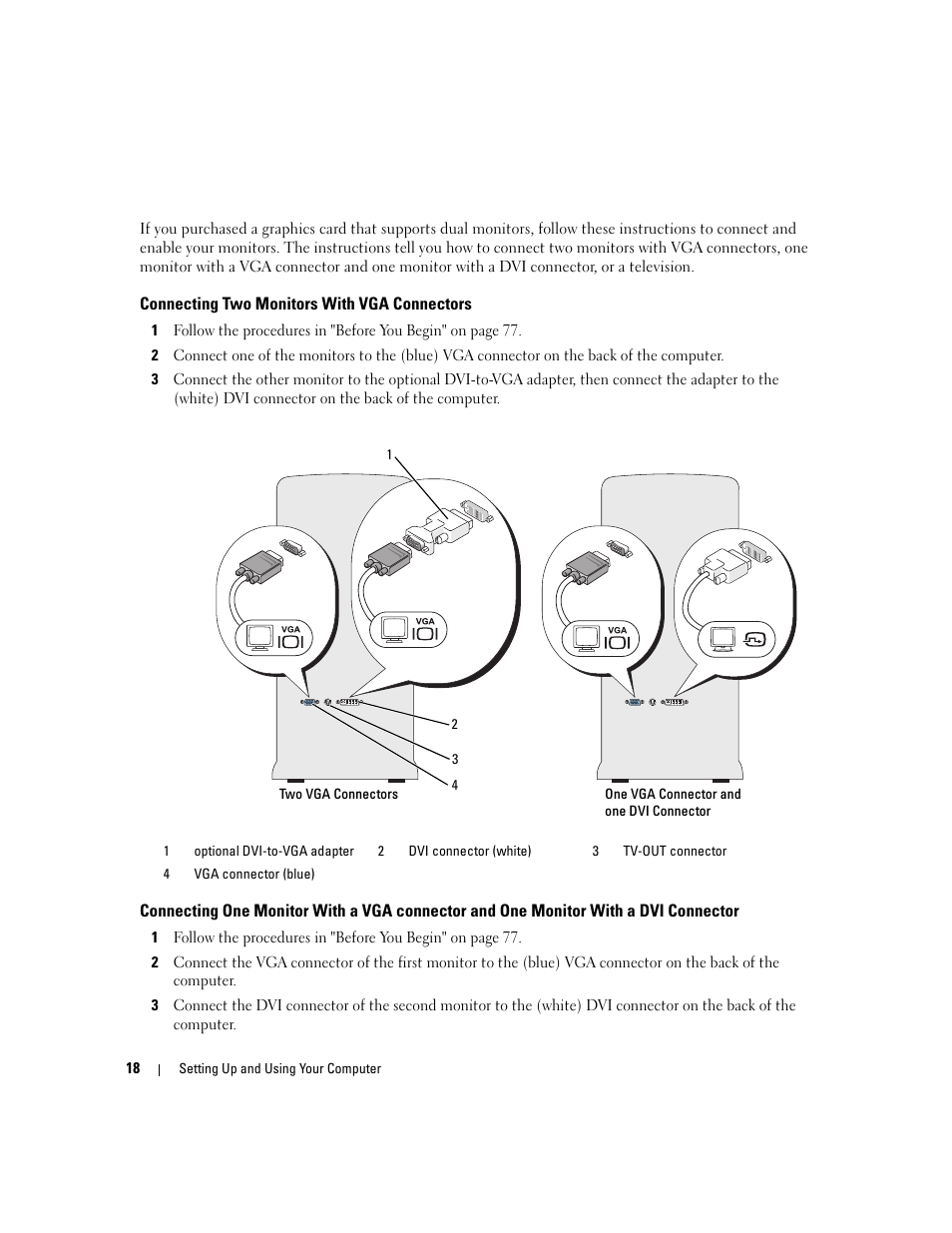Connecting two monitors with vga connectors | Dell XPS 410 (Mid 2007) User Manual | Page 18 / 172