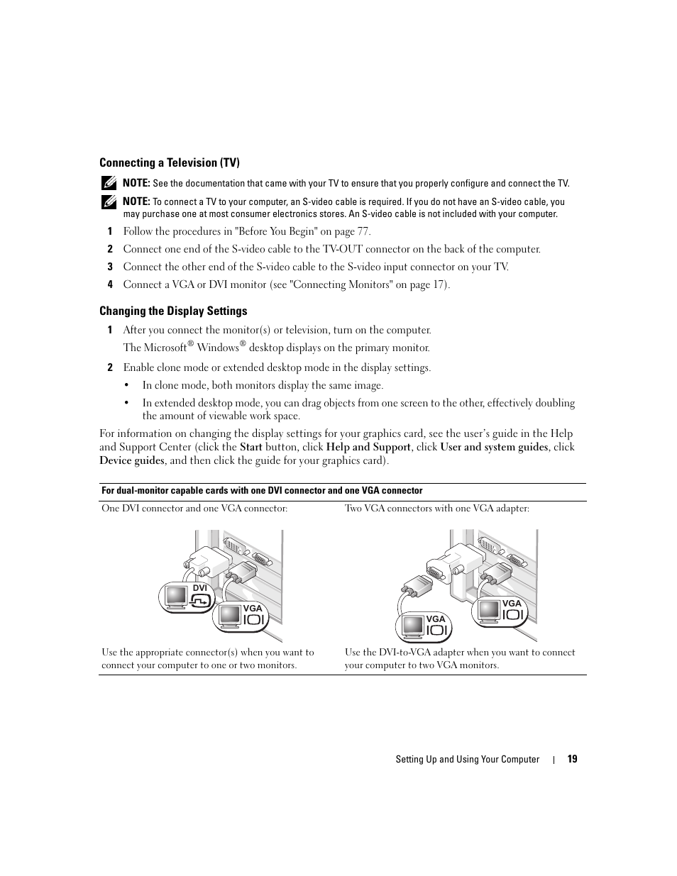 Connecting a television (tv), Changing the display settings | Dell XPS 410 (Mid 2007) User Manual | Page 19 / 172