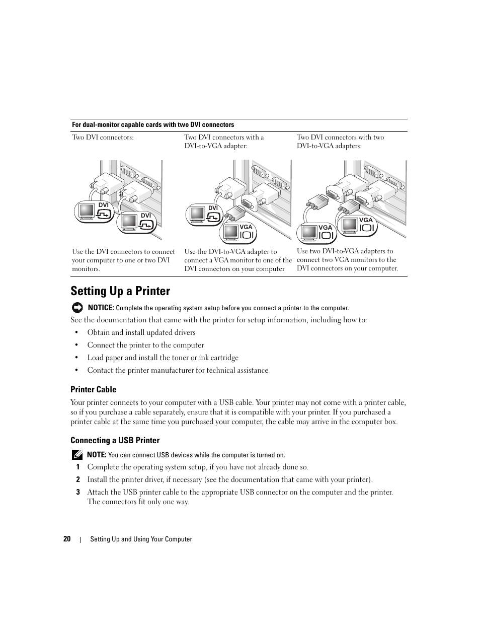 Setting up a printer, Printer cable, Connecting a usb printer | Dell XPS 410 (Mid 2007) User Manual | Page 20 / 172