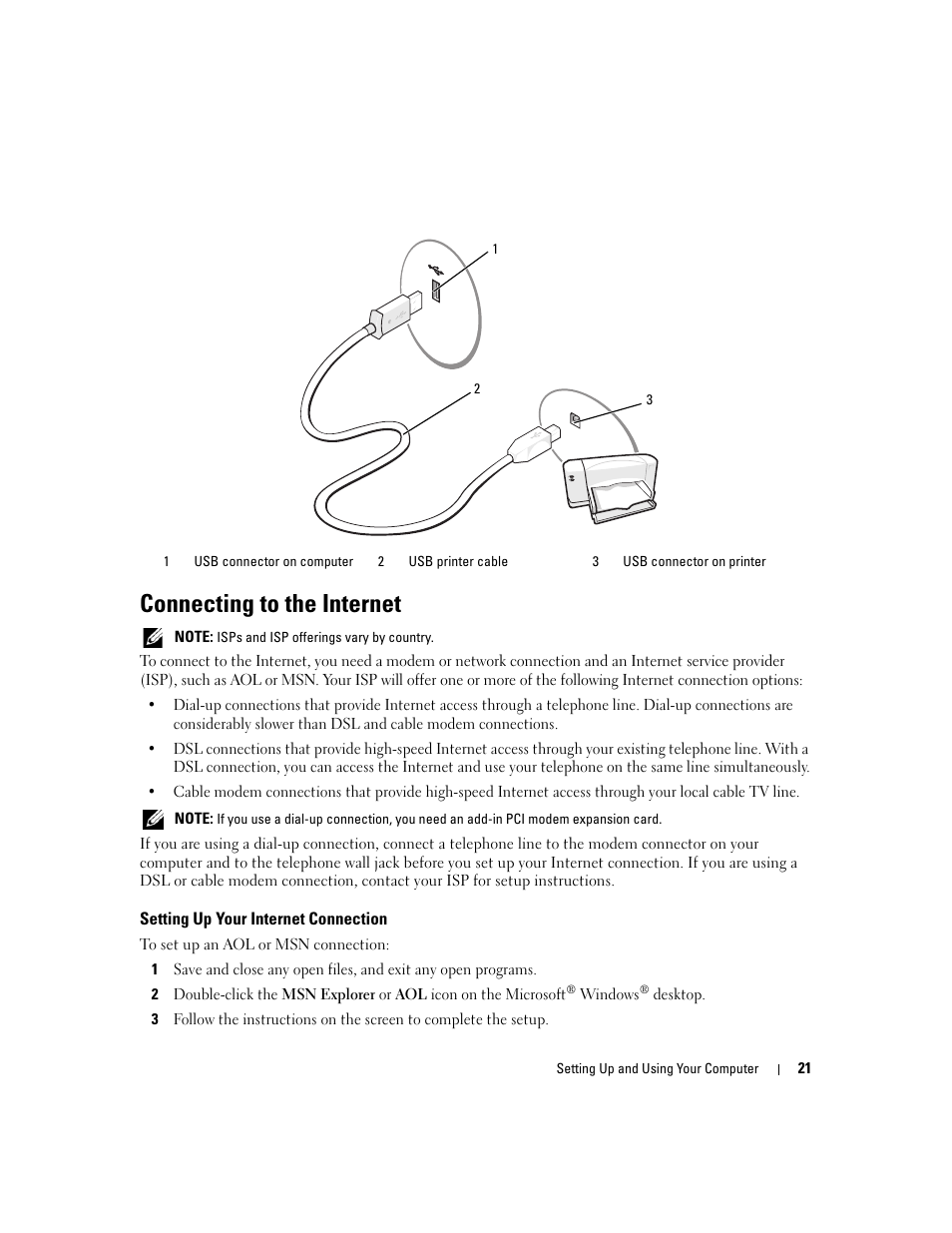 Connecting to the internet, Setting up your internet connection | Dell XPS 410 (Mid 2007) User Manual | Page 21 / 172