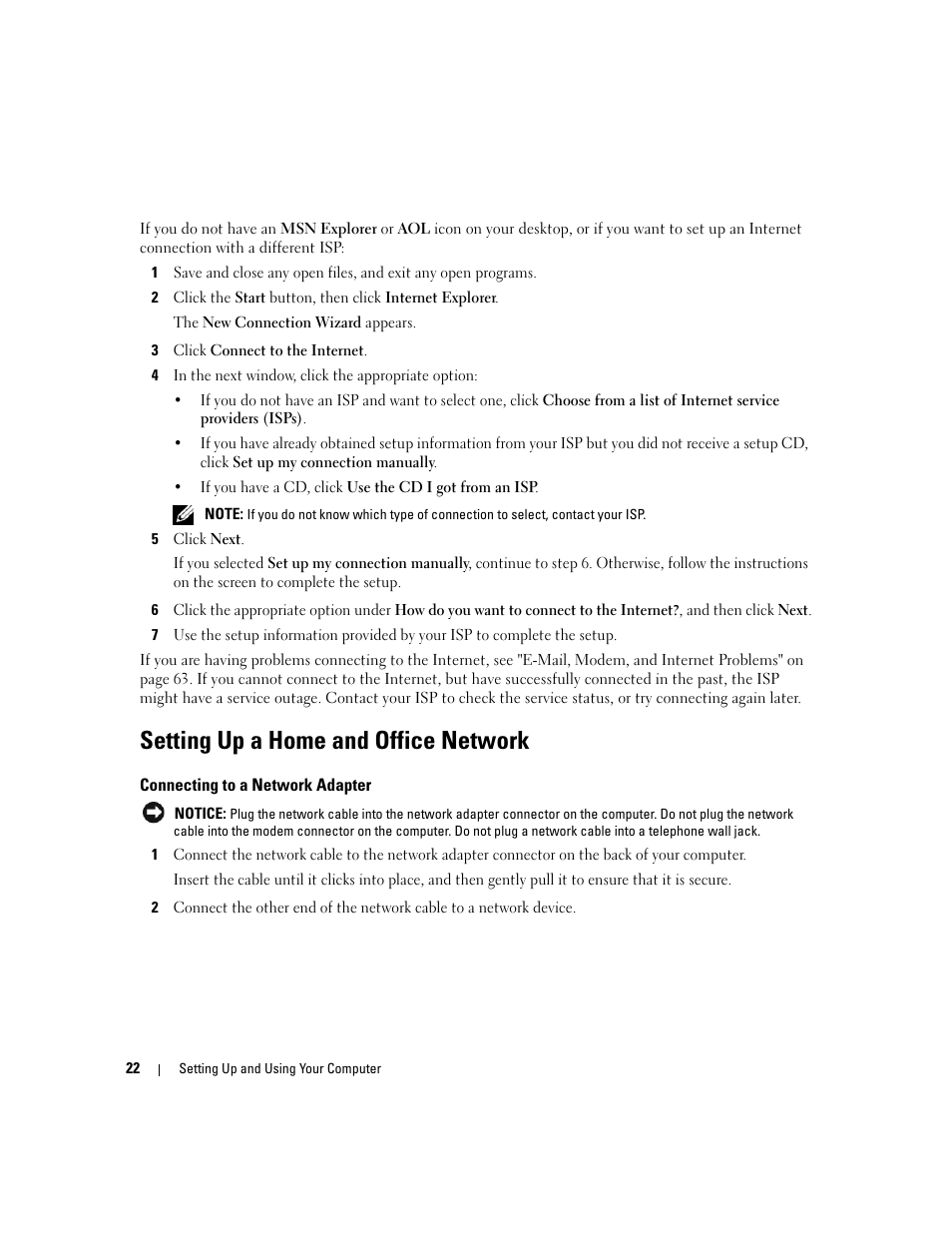 Setting up a home and office network, Connecting to a network adapter | Dell XPS 410 (Mid 2007) User Manual | Page 22 / 172
