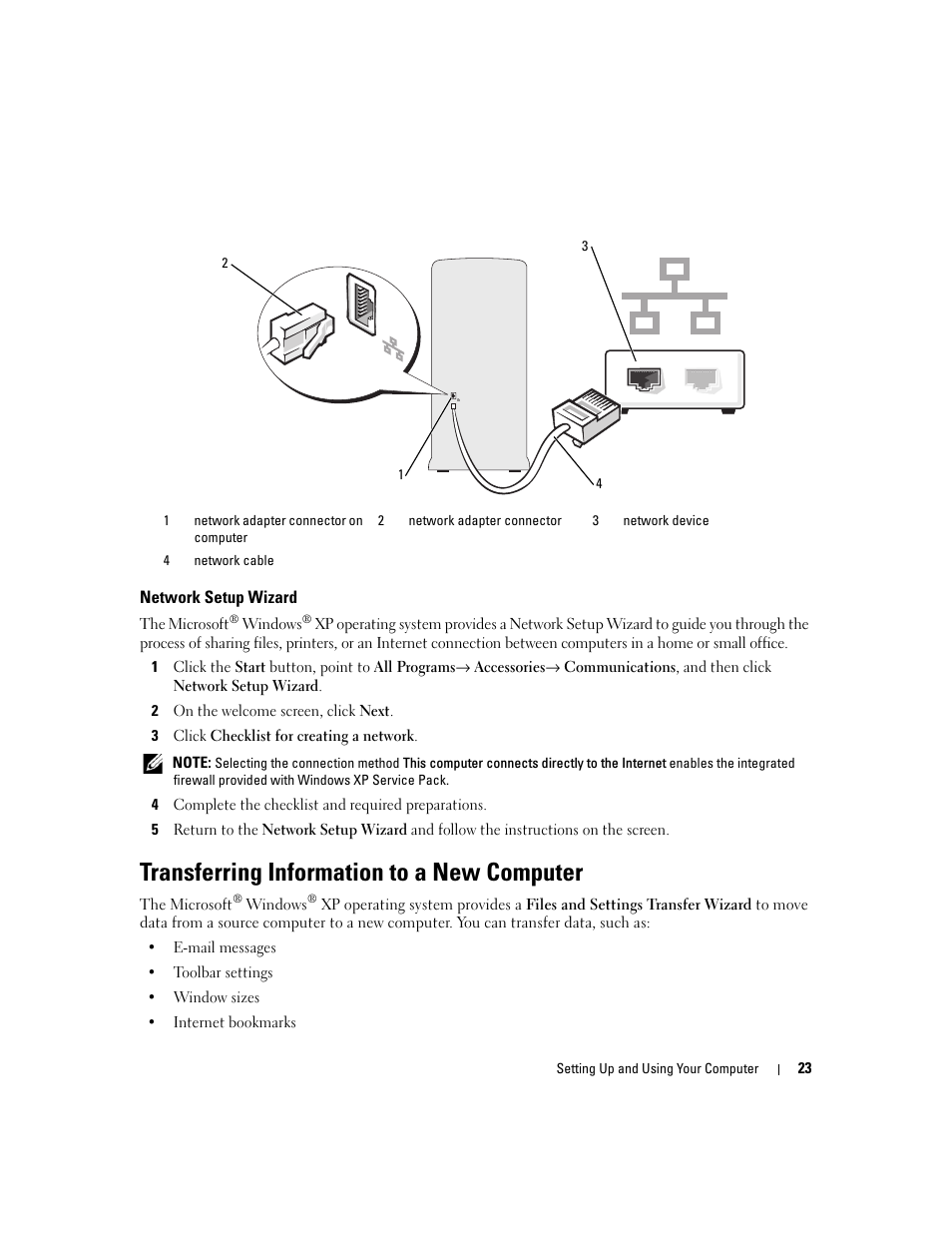 Network setup wizard, Transferring information to a new computer | Dell XPS 410 (Mid 2007) User Manual | Page 23 / 172