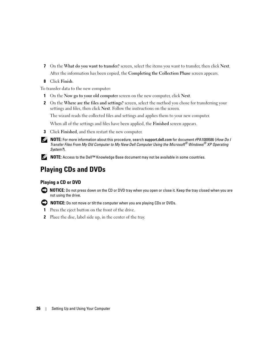 Playing cds and dvds, Playing a cd or dvd | Dell XPS 410 (Mid 2007) User Manual | Page 26 / 172
