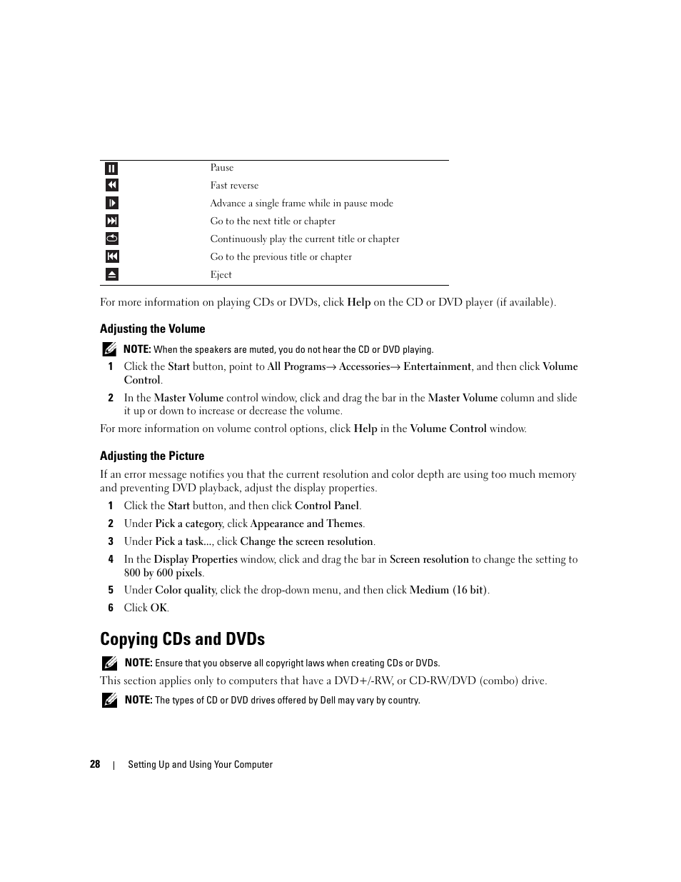 Adjusting the volume, Adjusting the picture, Copying cds and dvds | Dell XPS 410 (Mid 2007) User Manual | Page 28 / 172