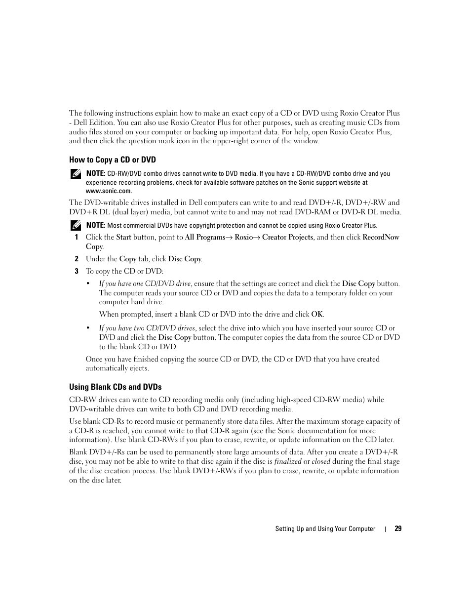 How to copy a cd or dvd, Using blank cds and dvds | Dell XPS 410 (Mid 2007) User Manual | Page 29 / 172