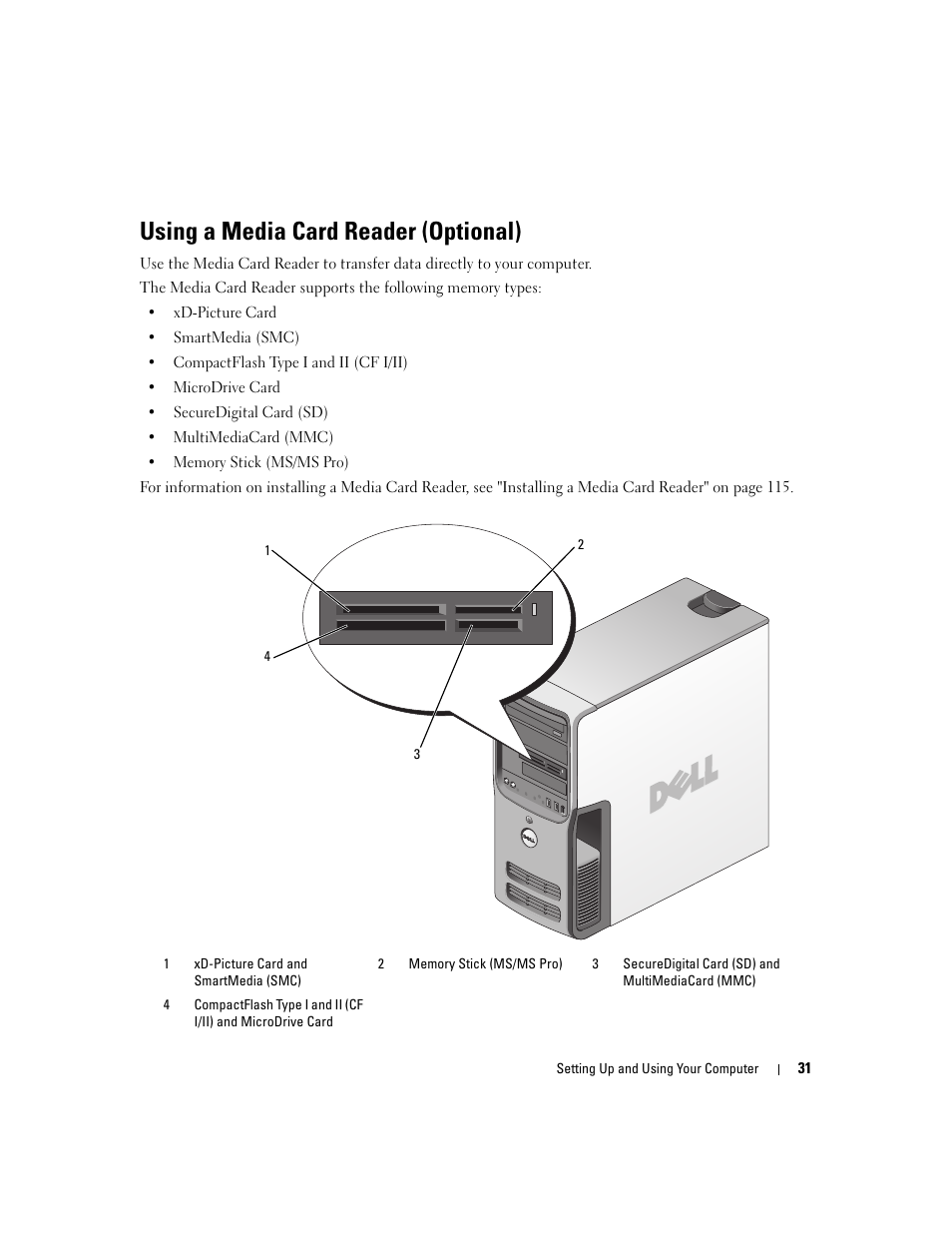 Using a media card reader (optional) | Dell XPS 410 (Mid 2007) User Manual | Page 31 / 172