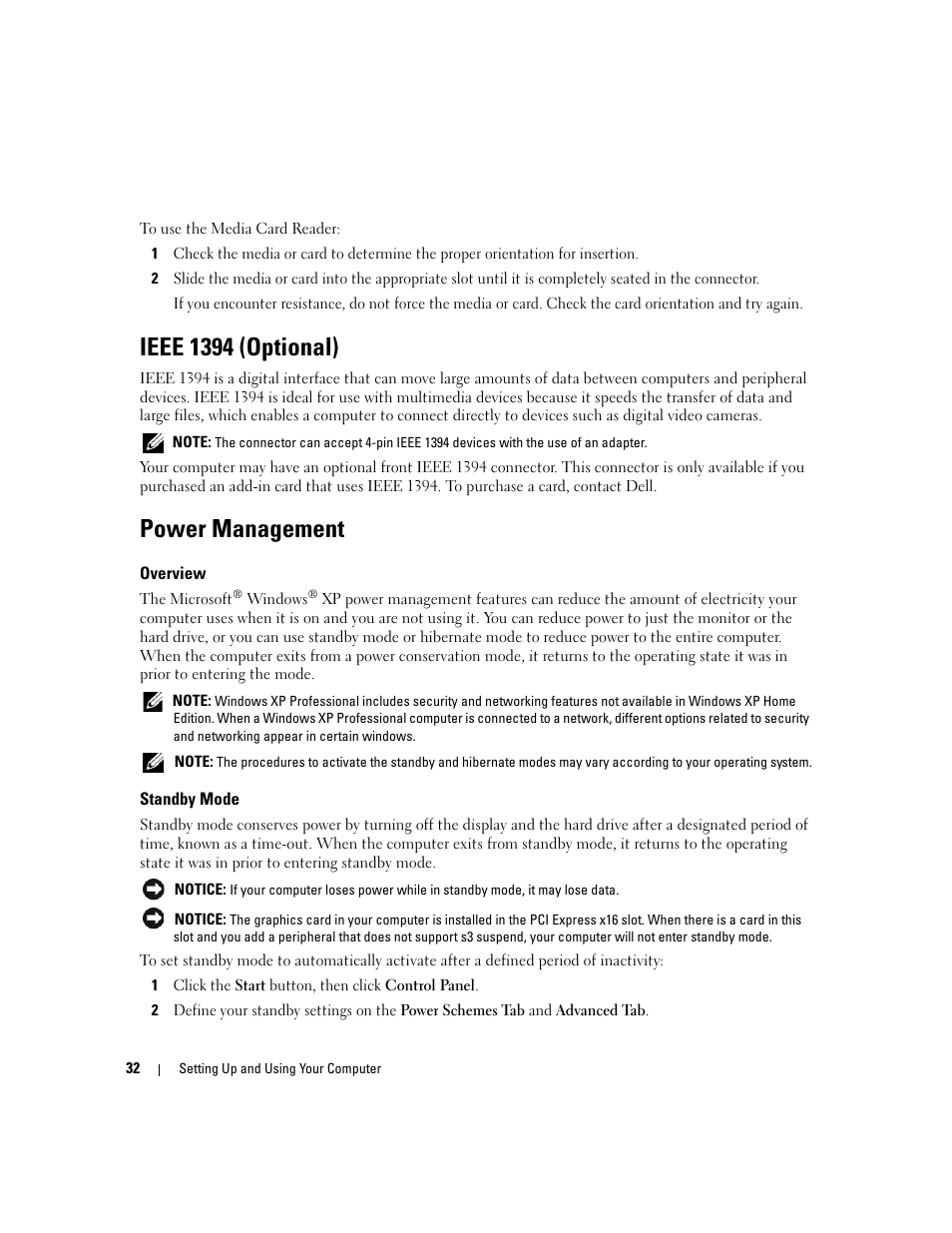 Ieee 1394 (optional), Power management, Overview | Standby mode | Dell XPS 410 (Mid 2007) User Manual | Page 32 / 172