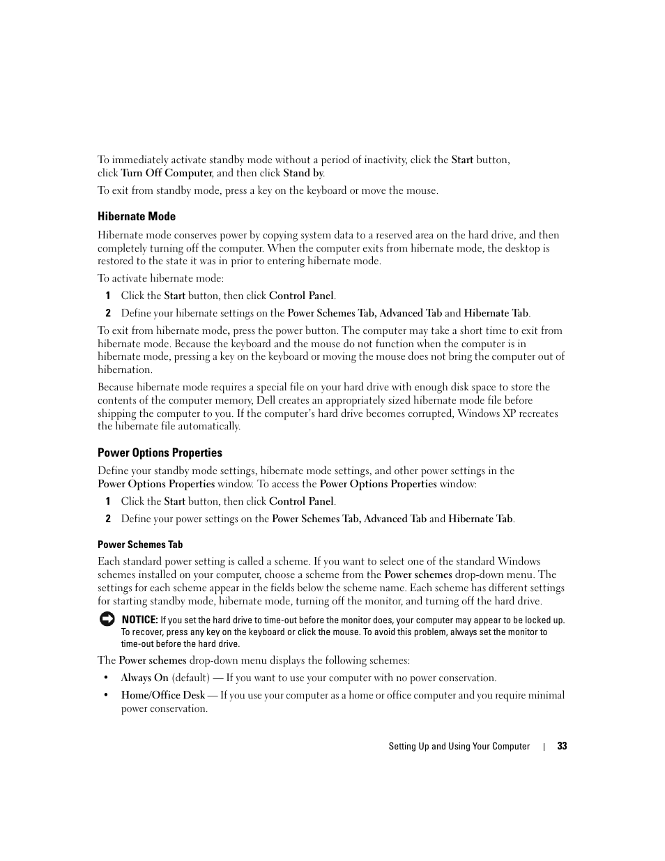 Hibernate mode, Power options properties | Dell XPS 410 (Mid 2007) User Manual | Page 33 / 172