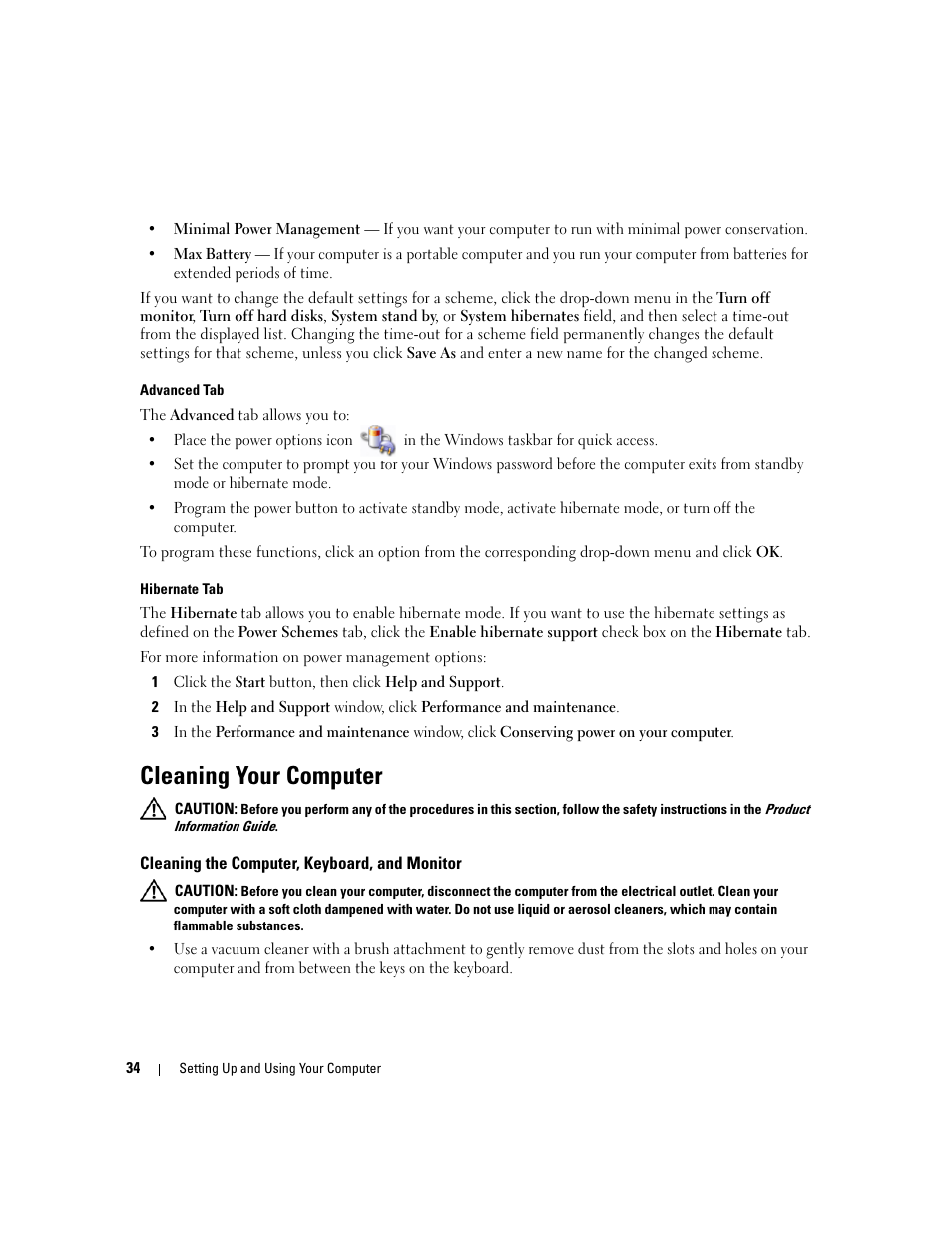 Cleaning your computer, Cleaning the computer, keyboard, and monitor, Advanced tab and hibernate tab | Dell XPS 410 (Mid 2007) User Manual | Page 34 / 172