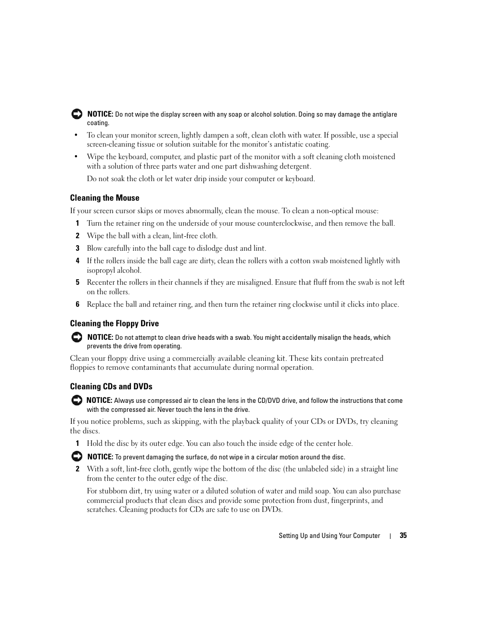 Cleaning the mouse, Cleaning the floppy drive, Cleaning cds and dvds | Dell XPS 410 (Mid 2007) User Manual | Page 35 / 172