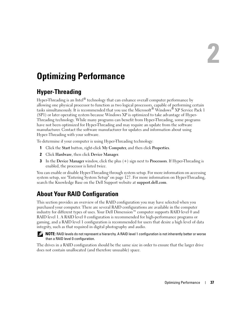Optimizing performance, Hyper-threading, About your raid configuration | Dell XPS 410 (Mid 2007) User Manual | Page 37 / 172