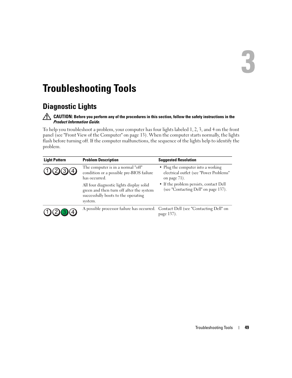 Troubleshooting tools, Diagnostic lights | Dell XPS 410 (Mid 2007) User Manual | Page 49 / 172