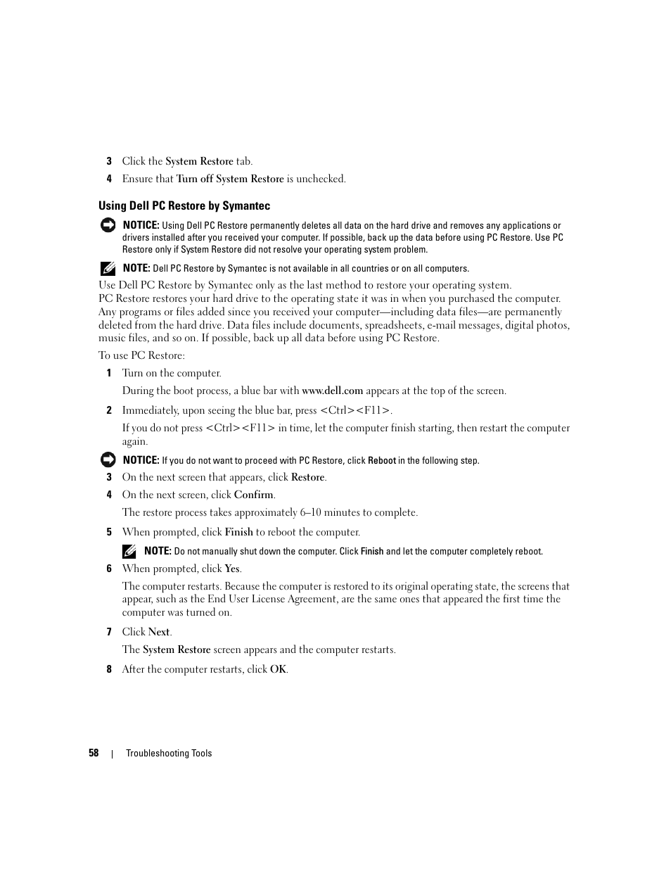 Using dell pc restore by symantec | Dell XPS 410 (Mid 2007) User Manual | Page 58 / 172