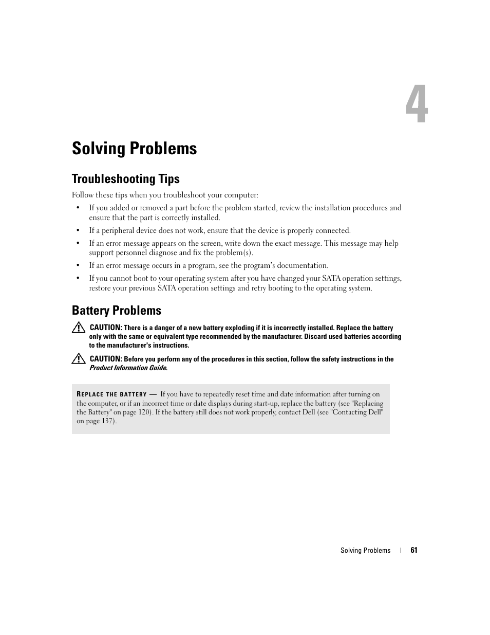 Solving problems, Troubleshooting tips, Battery problems | Dell XPS 410 (Mid 2007) User Manual | Page 61 / 172
