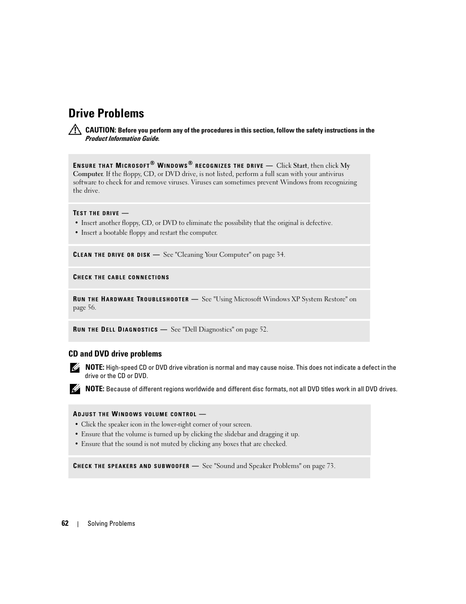 Drive problems, Cd and dvd drive problems | Dell XPS 410 (Mid 2007) User Manual | Page 62 / 172