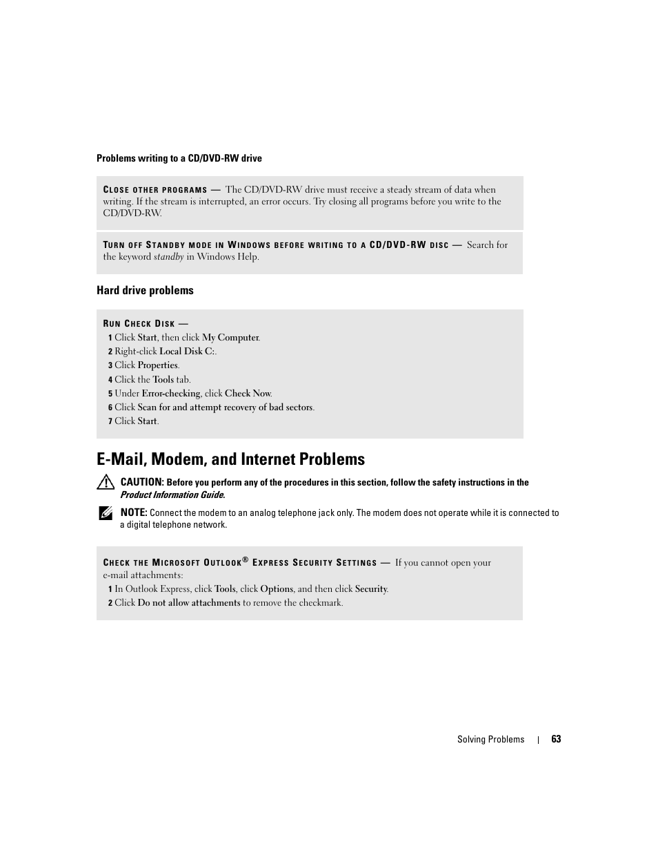 Hard drive problems, E-mail, modem, and internet problems | Dell XPS 410 (Mid 2007) User Manual | Page 63 / 172