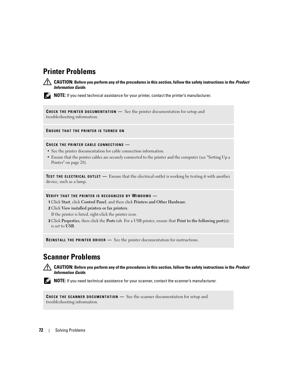Printer problems, Scanner problems | Dell XPS 410 (Mid 2007) User Manual | Page 72 / 172