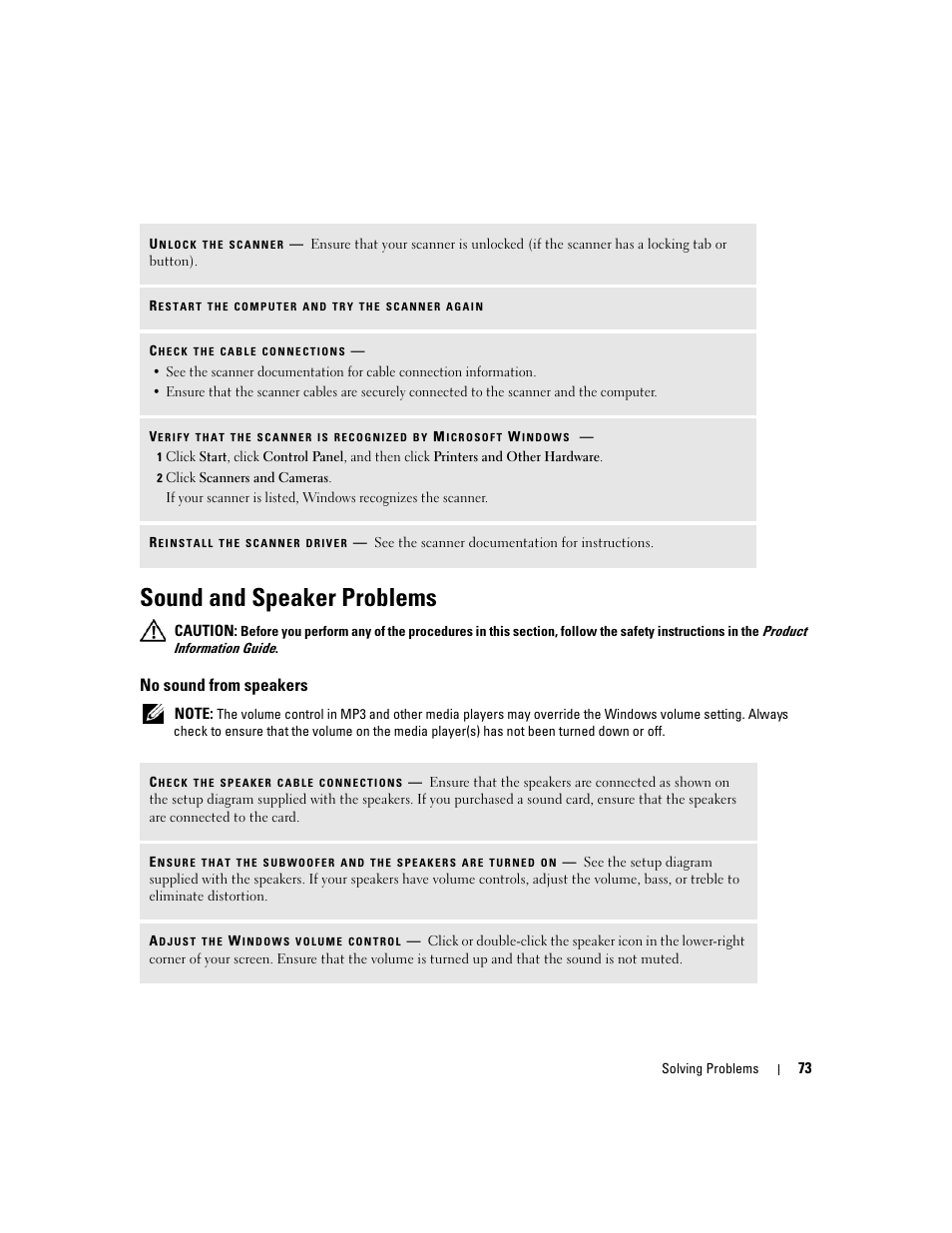 Sound and speaker problems, No sound from speakers | Dell XPS 410 (Mid 2007) User Manual | Page 73 / 172