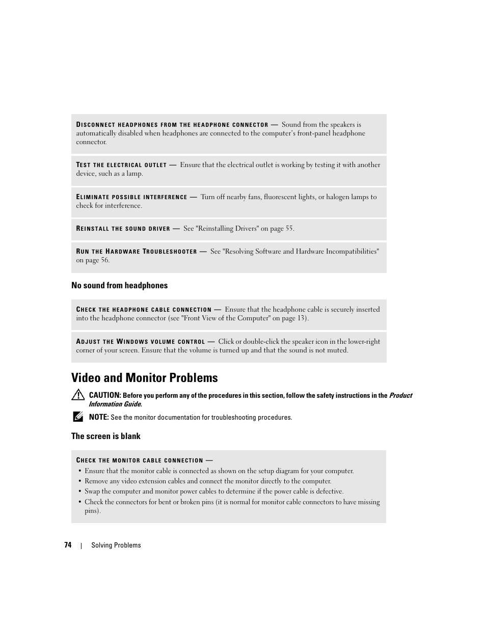 No sound from headphones, Video and monitor problems, The screen is blank | Dell XPS 410 (Mid 2007) User Manual | Page 74 / 172