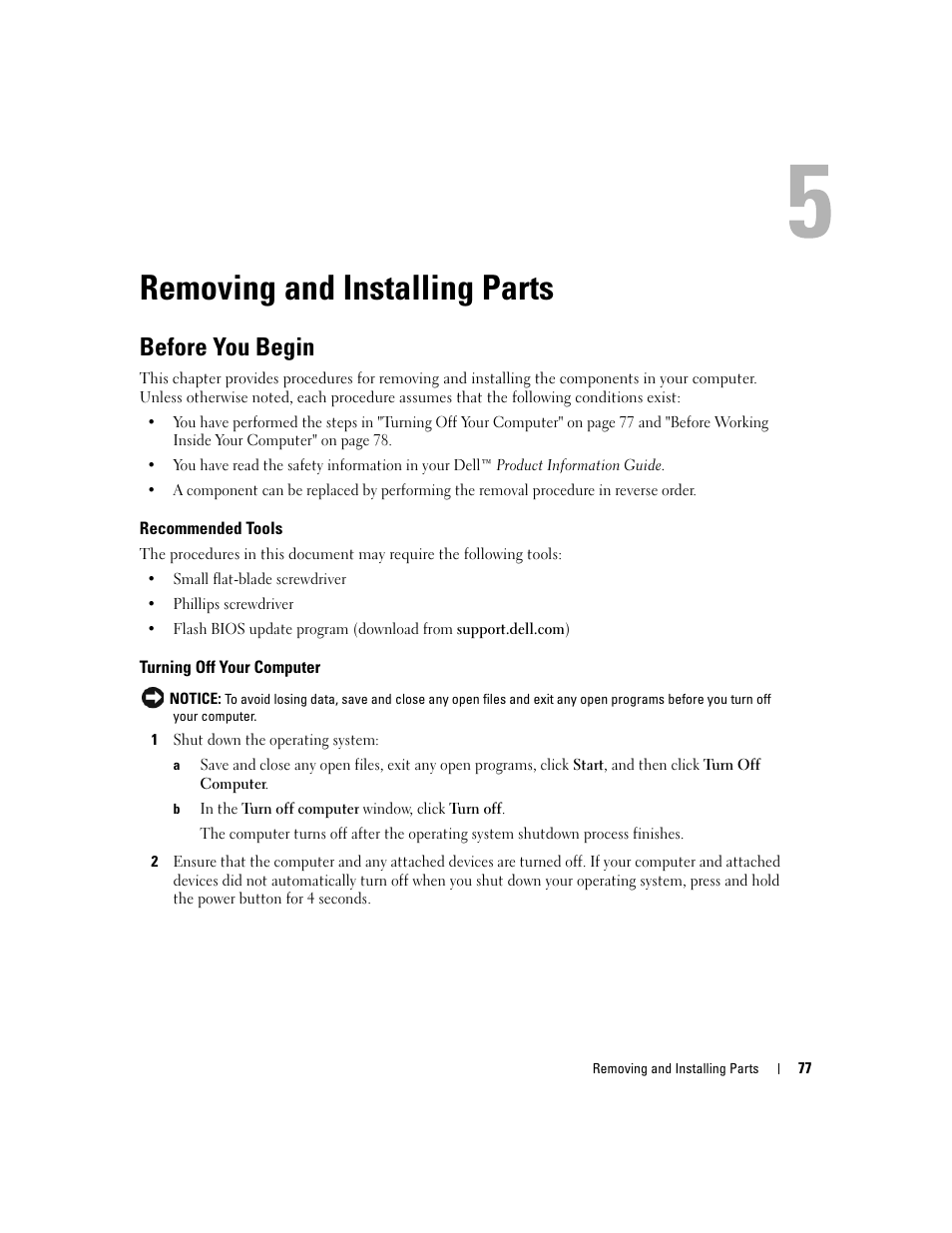 Removing and installing parts, Before you begin, Recommended tools | Turning off your computer | Dell XPS 410 (Mid 2007) User Manual | Page 77 / 172