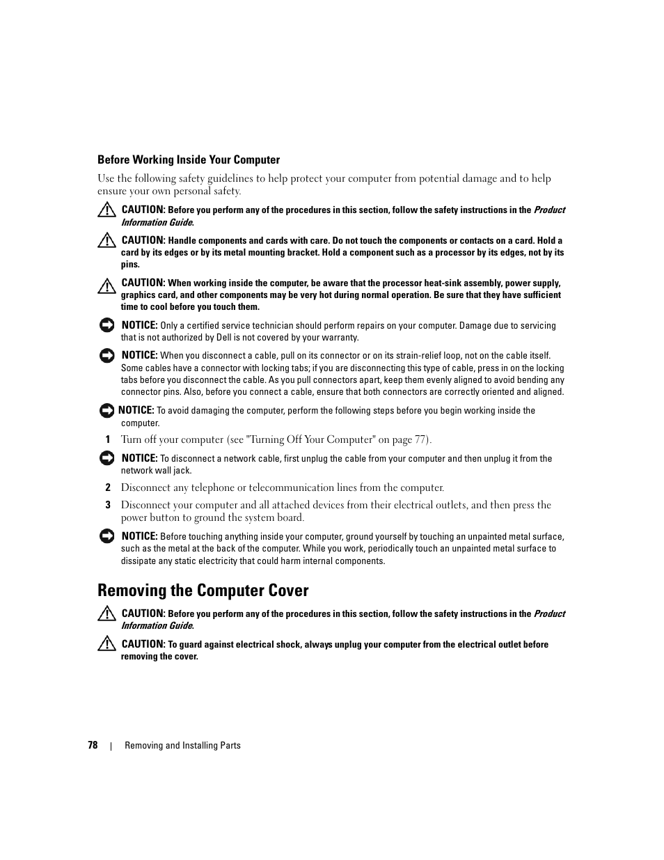 Before working inside your computer, Removing the computer cover | Dell XPS 410 (Mid 2007) User Manual | Page 78 / 172