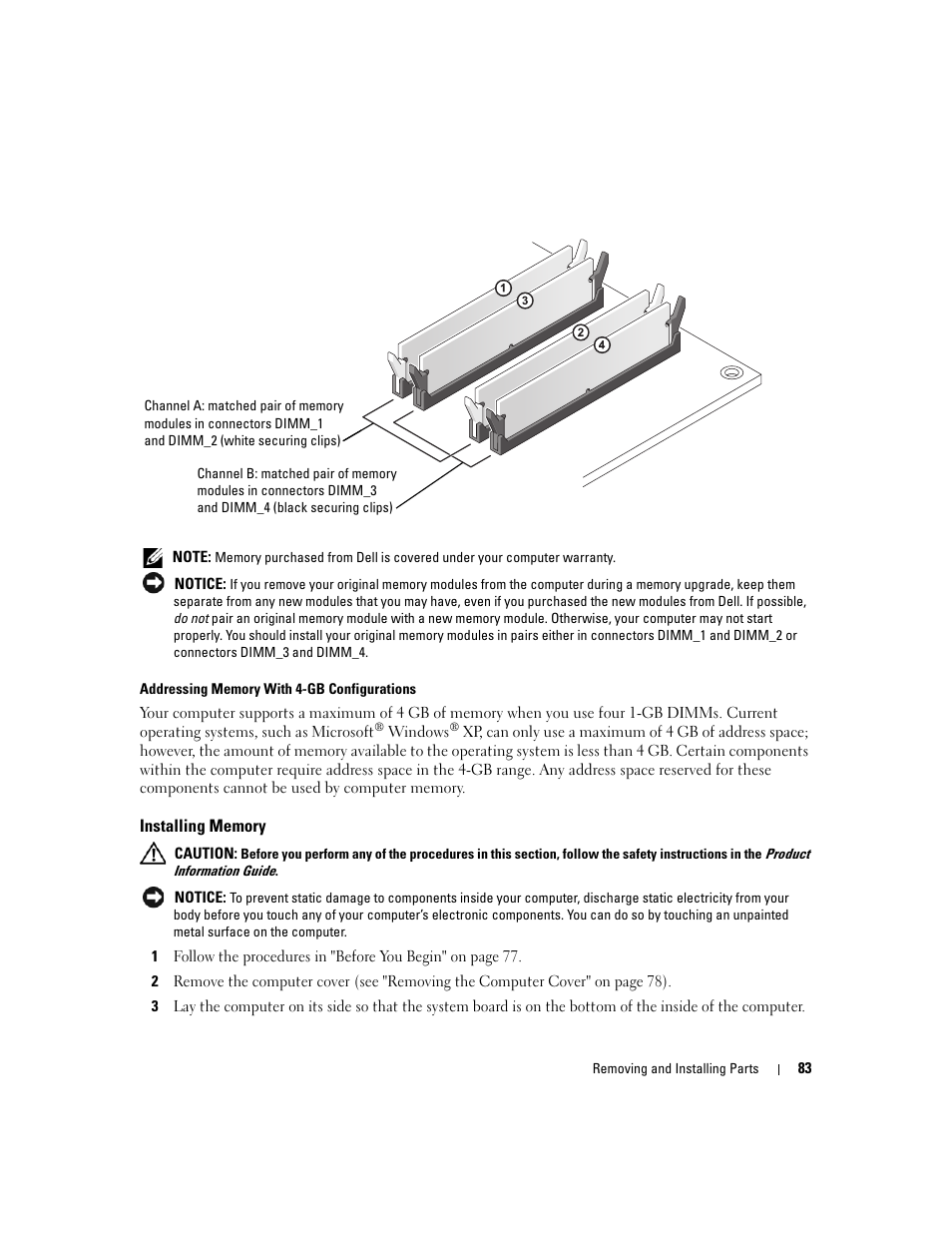 Installing memory | Dell XPS 410 (Mid 2007) User Manual | Page 83 / 172