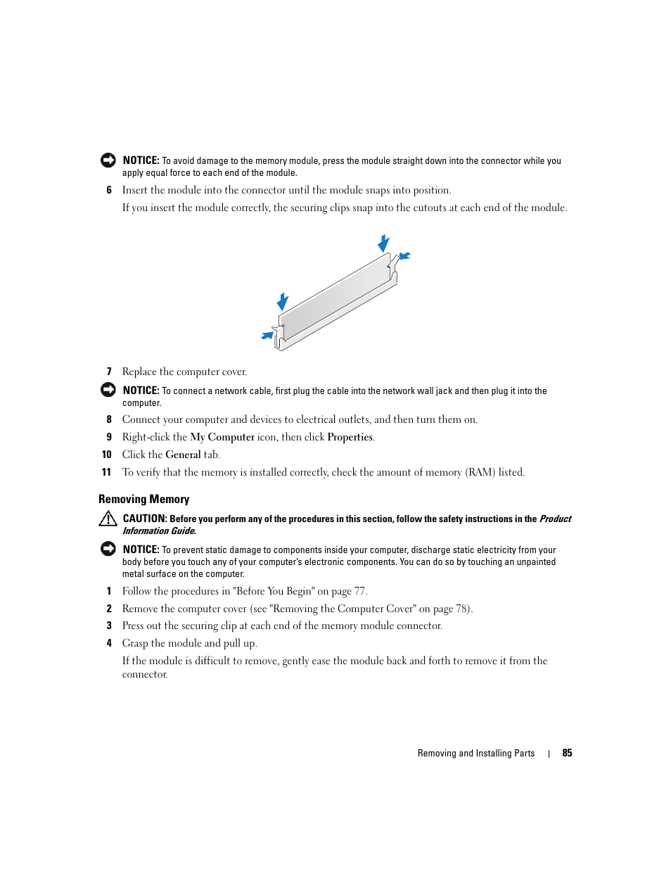 Removing memory | Dell XPS 410 (Mid 2007) User Manual | Page 85 / 172