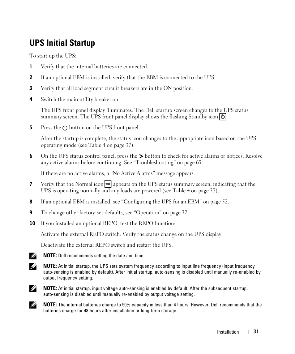 Ups initial startup | Dell UPS 5600R User Manual | Page 31 / 71