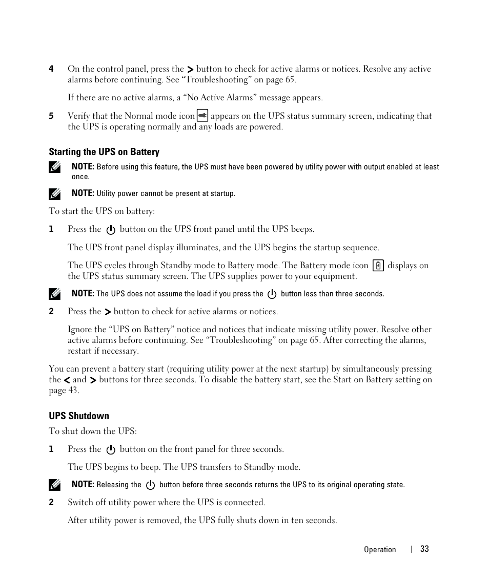 Starting the ups on battery, Ups shutdown | Dell UPS 5600R User Manual | Page 33 / 71