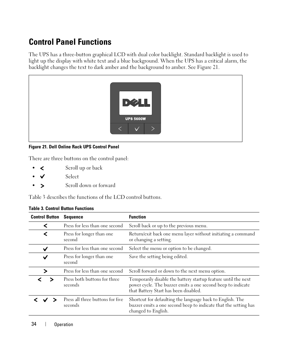 Control panel functions | Dell UPS 5600R User Manual | Page 34 / 71