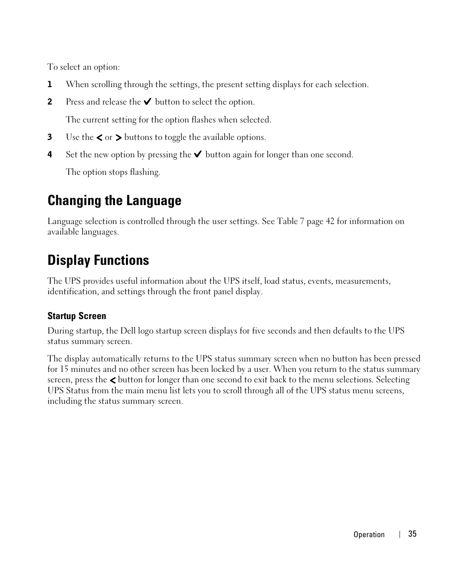 Changing the language, Display functions, Startup screen | Dell UPS 5600R User Manual | Page 35 / 71