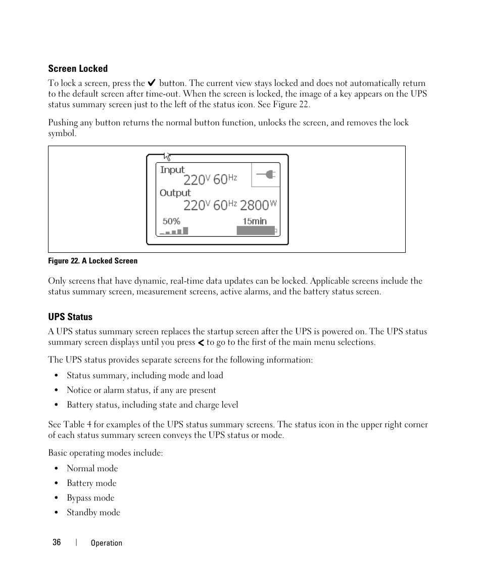 Screen locked, Ups status | Dell UPS 5600R User Manual | Page 36 / 71