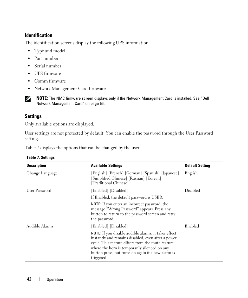 Identification, Settings | Dell UPS 5600R User Manual | Page 42 / 71