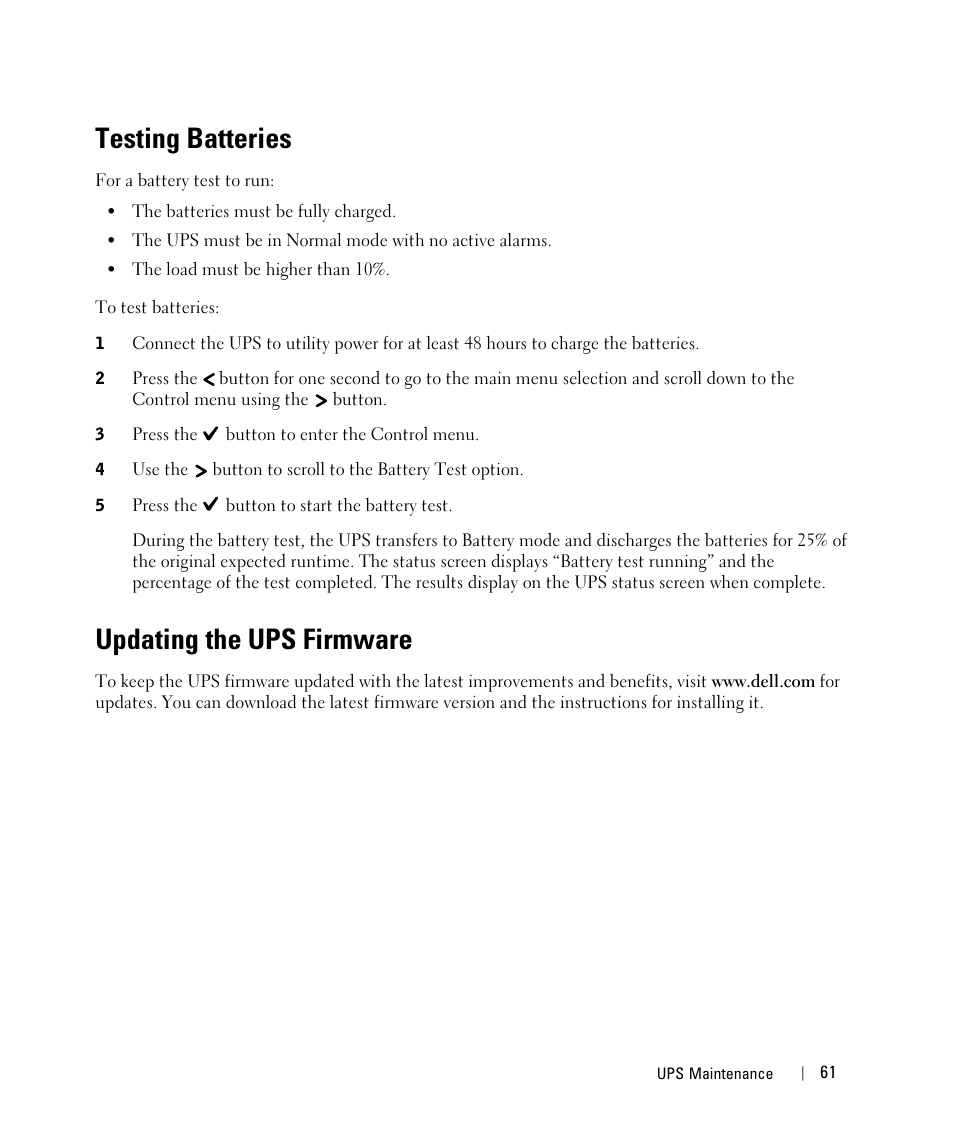 Testing batteries, Updating the ups firmware | Dell UPS 5600R User Manual | Page 61 / 71