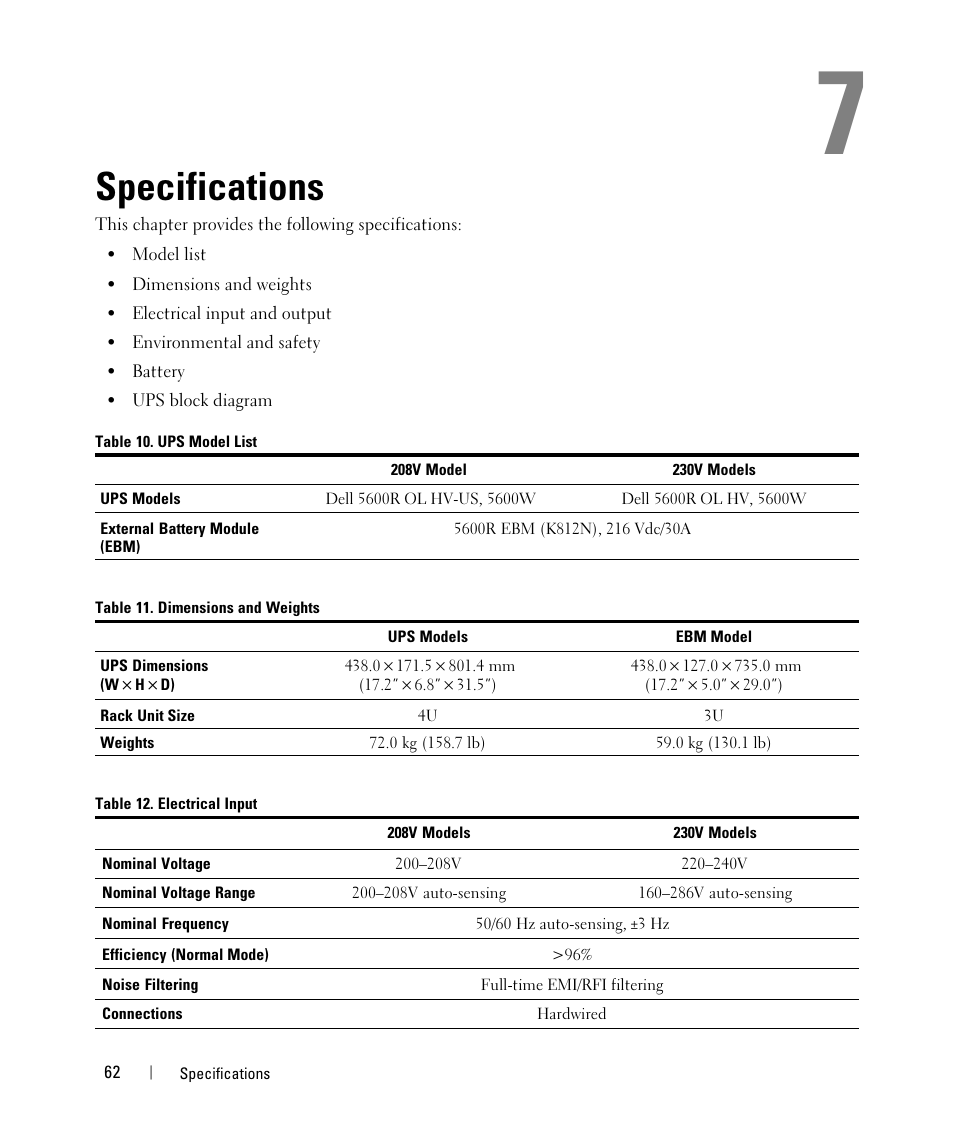 Specifications | Dell UPS 5600R User Manual | Page 62 / 71