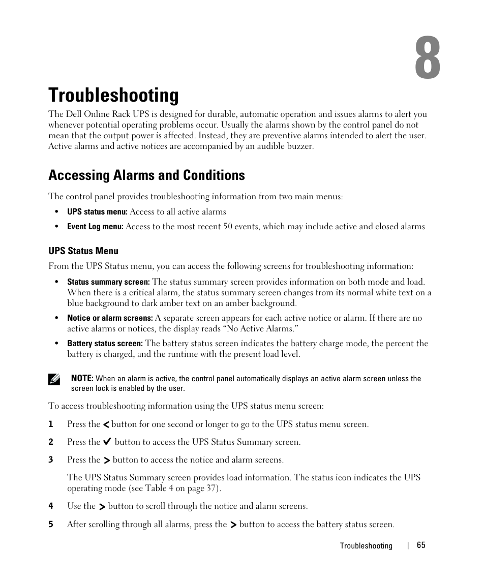 Troubleshooting, Accessing alarms and conditions, Ups status menu | Dell UPS 5600R User Manual | Page 65 / 71