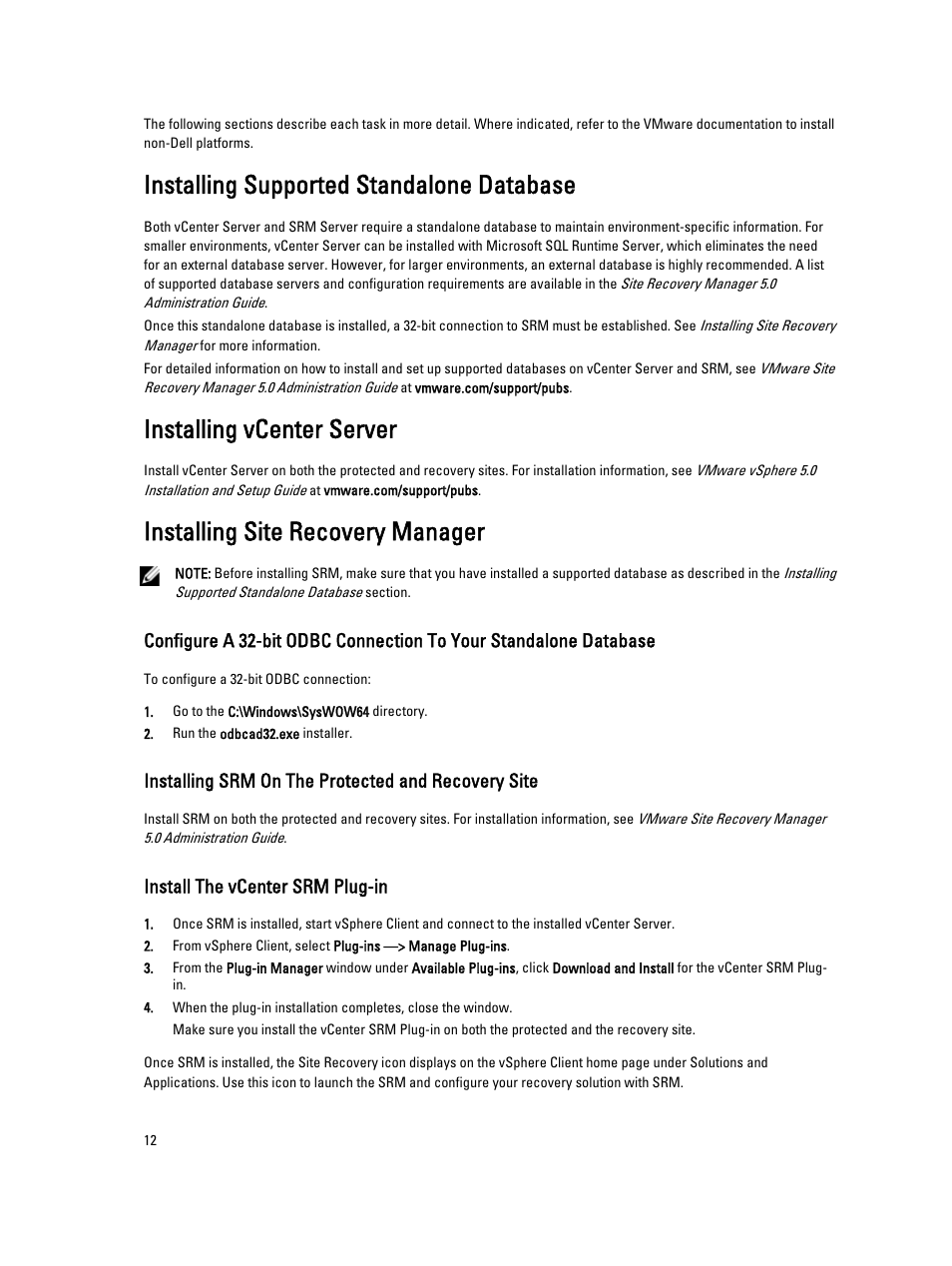 Installing supported standalone database, Installing vcenter server, Installing site recovery manager | Installing srm on the protected and recovery site, Install the vcenter srm plug-in | Dell PowerVault MD3260i User Manual | Page 12 / 34