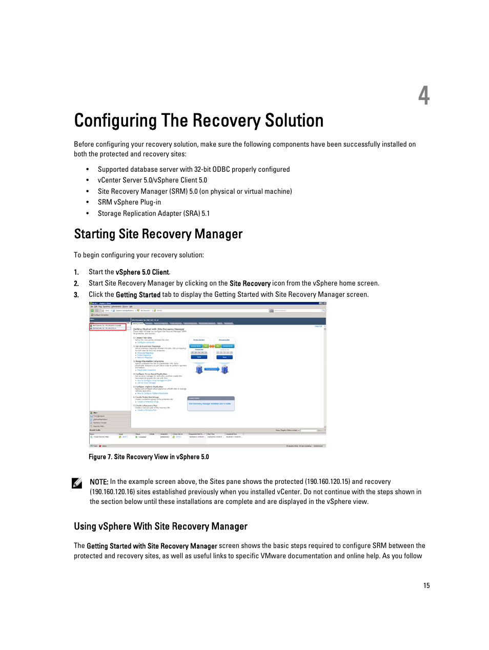 Configuring the recovery solution, Starting site recovery manager, Using vsphere with site recovery manager | 4 configuring the recovery solution | Dell PowerVault MD3260i User Manual | Page 15 / 34