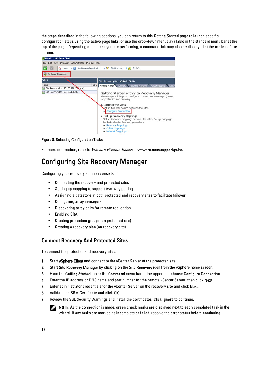 Configuring site recovery manager, Connect recovery and protected sites | Dell PowerVault MD3260i User Manual | Page 16 / 34
