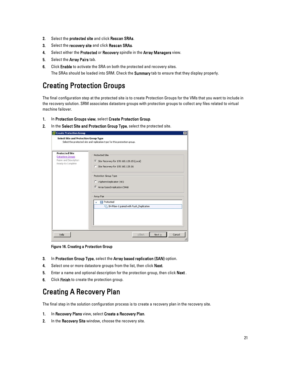 Creating protection groups, Creating a recovery plan | Dell PowerVault MD3260i User Manual | Page 21 / 34