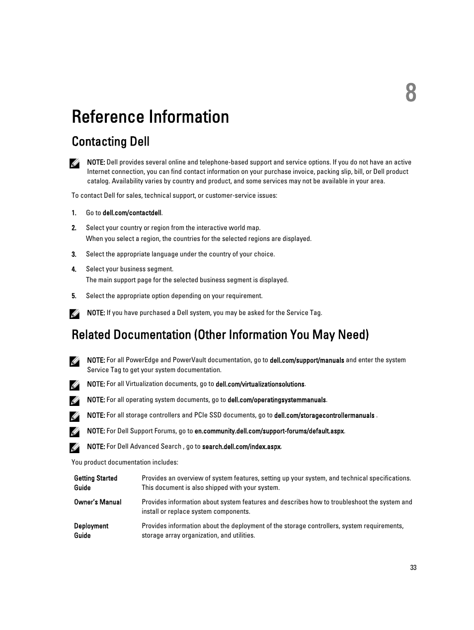 Reference information, Contacting dell, 8 reference information | Dell PowerVault MD3260i User Manual | Page 33 / 34