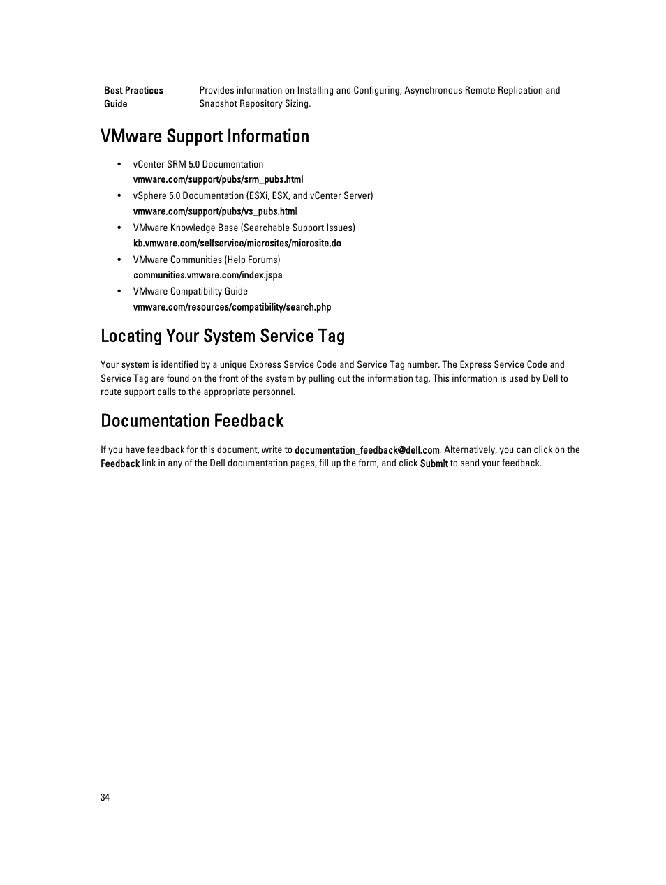 Vmware support information, Locating your system service tag, Documentation feedback | Dell PowerVault MD3260i User Manual | Page 34 / 34