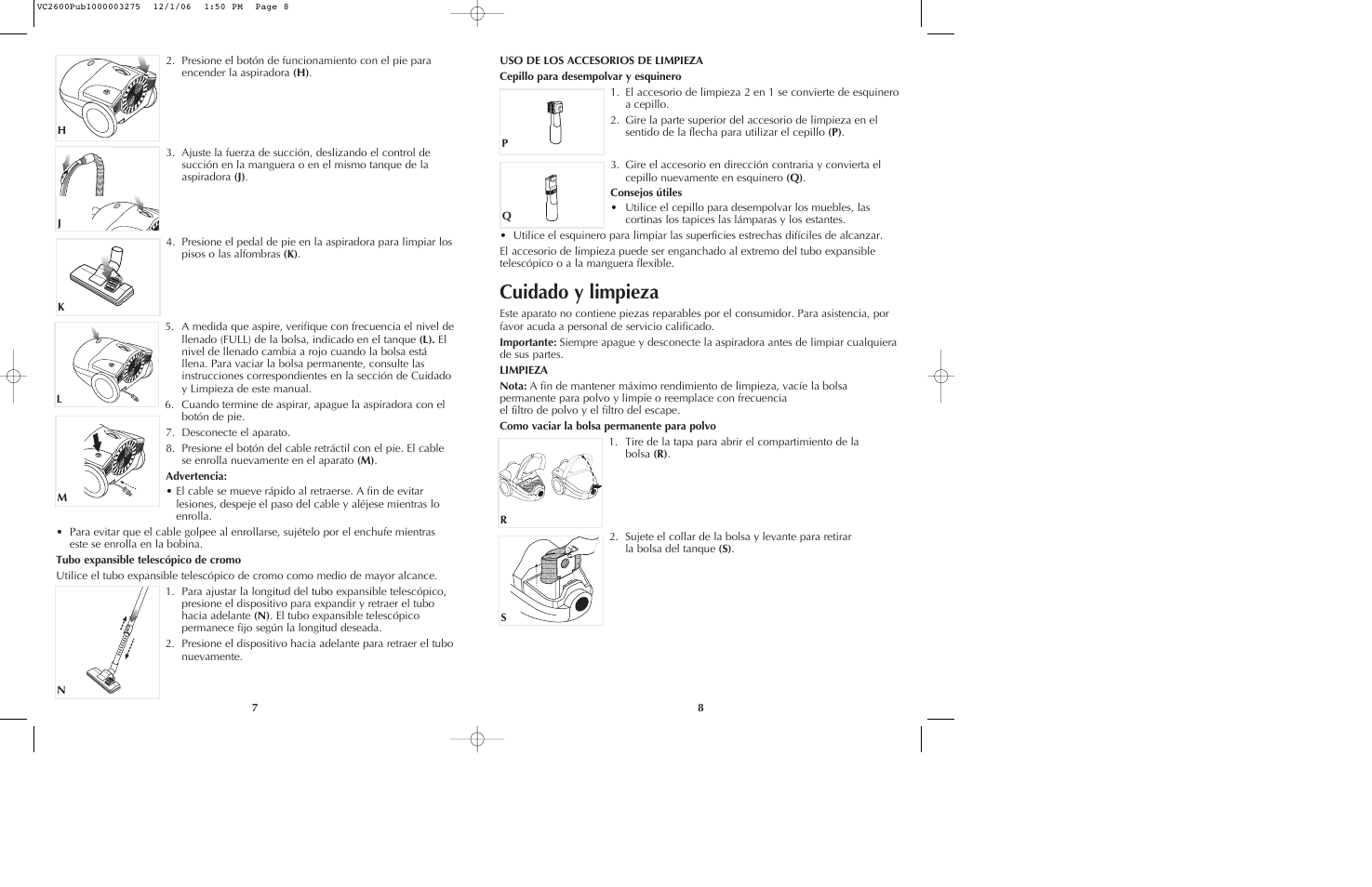 Cuidado y limpieza | Black & Decker VC2600 User Manual | Page 5 / 13