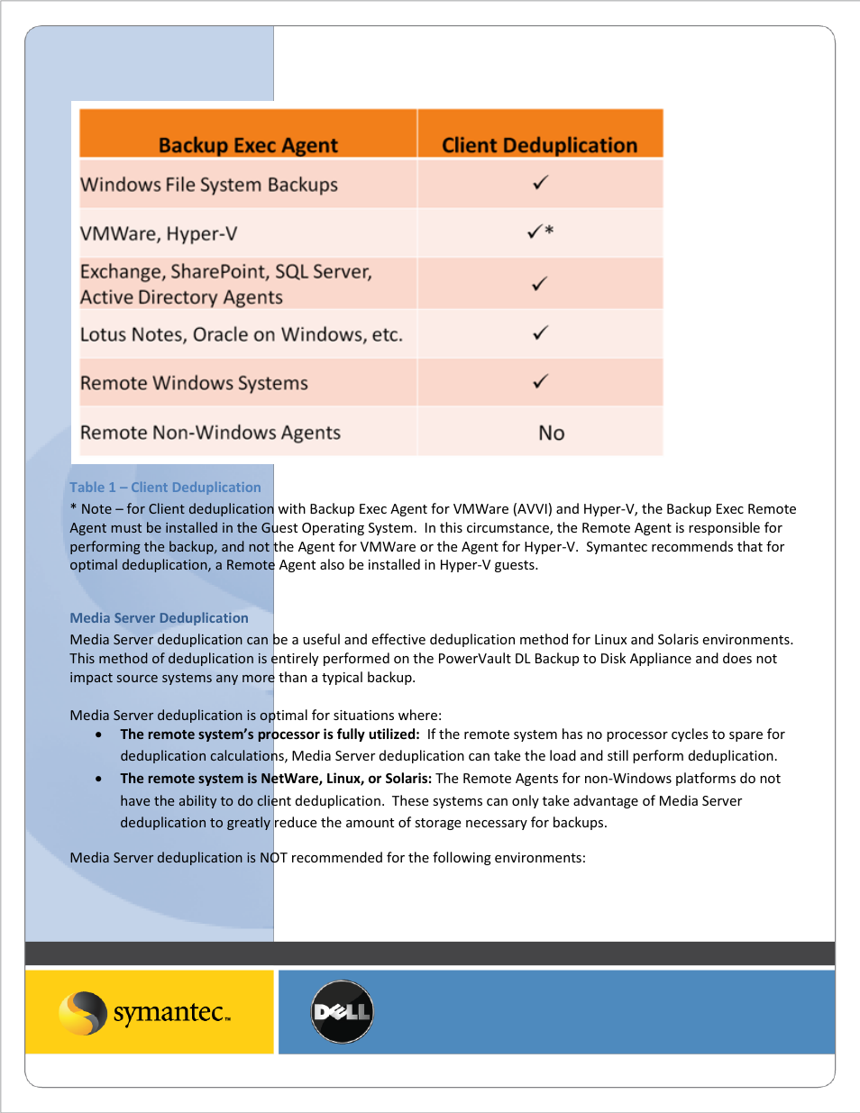 Table 1 – client deduplication, Media server deduplication | Dell PowerVault DL2200 User Manual | Page 5 / 10