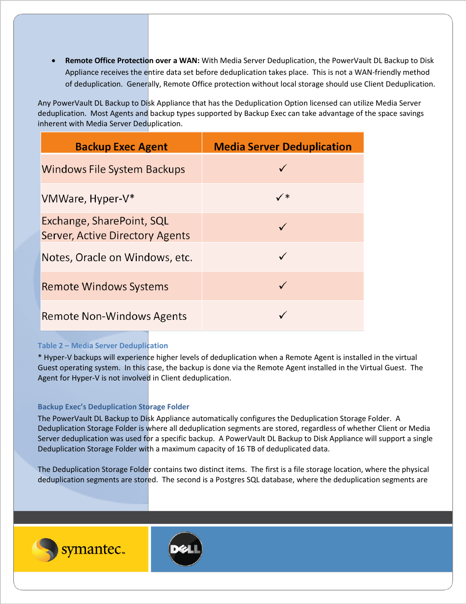 Table 2 – media server deduplication, Backup exec’s deduplication storage folder | Dell PowerVault DL2200 User Manual | Page 6 / 10