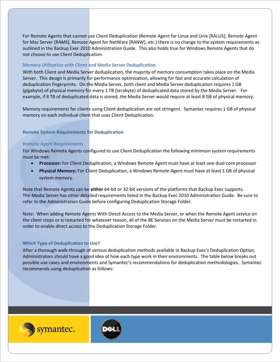 Remote system requirements for deduplication, Remote agent requirements, Which type of deduplication to use | Dell PowerVault DL2200 User Manual | Page 8 / 10